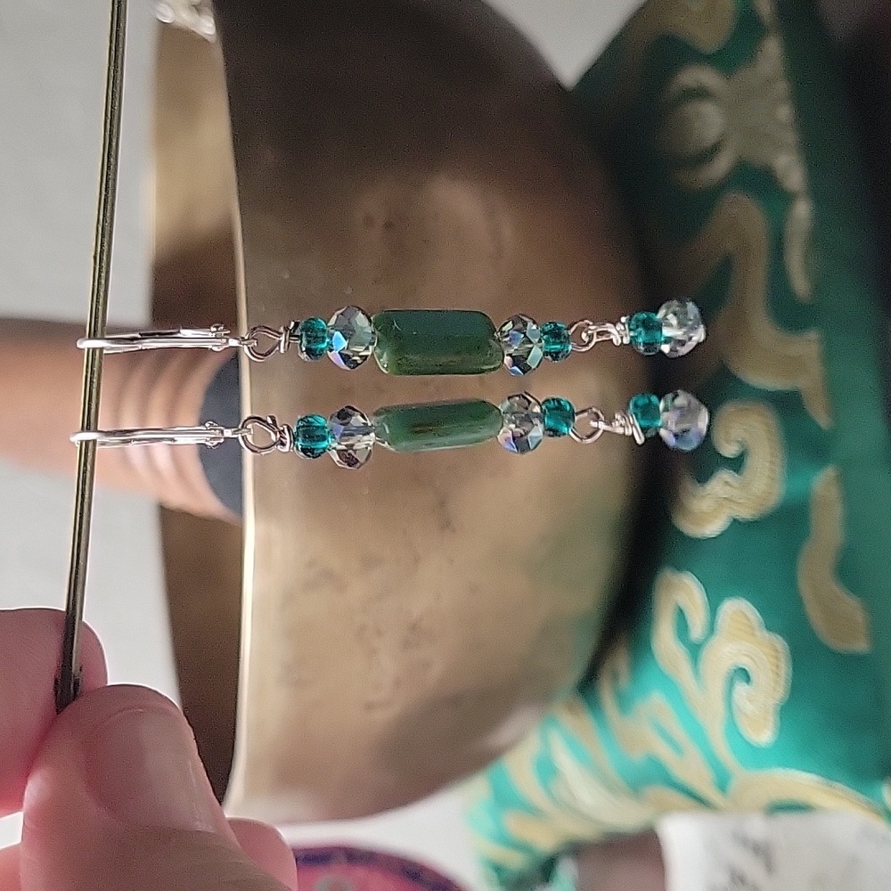 - Czech Turquoise Crystal and Glass Dangle Earrings with Sterling Silver Wires.